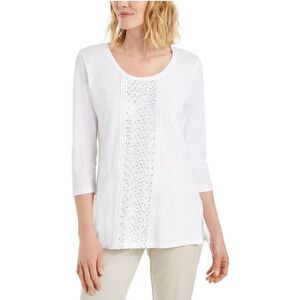 JM Collection Petite Cotton Sequin-Trim Top Bright White PM